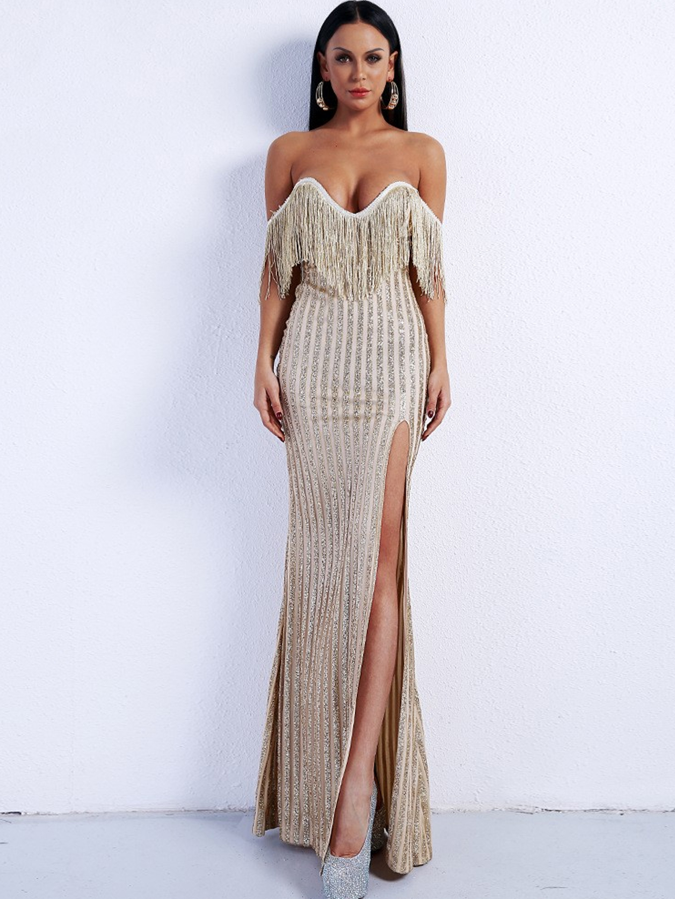 Golden Sexy Elegant Strapless Sequin Glitter Deep V- Neck Tassels Embroidery Split Evening Dress
