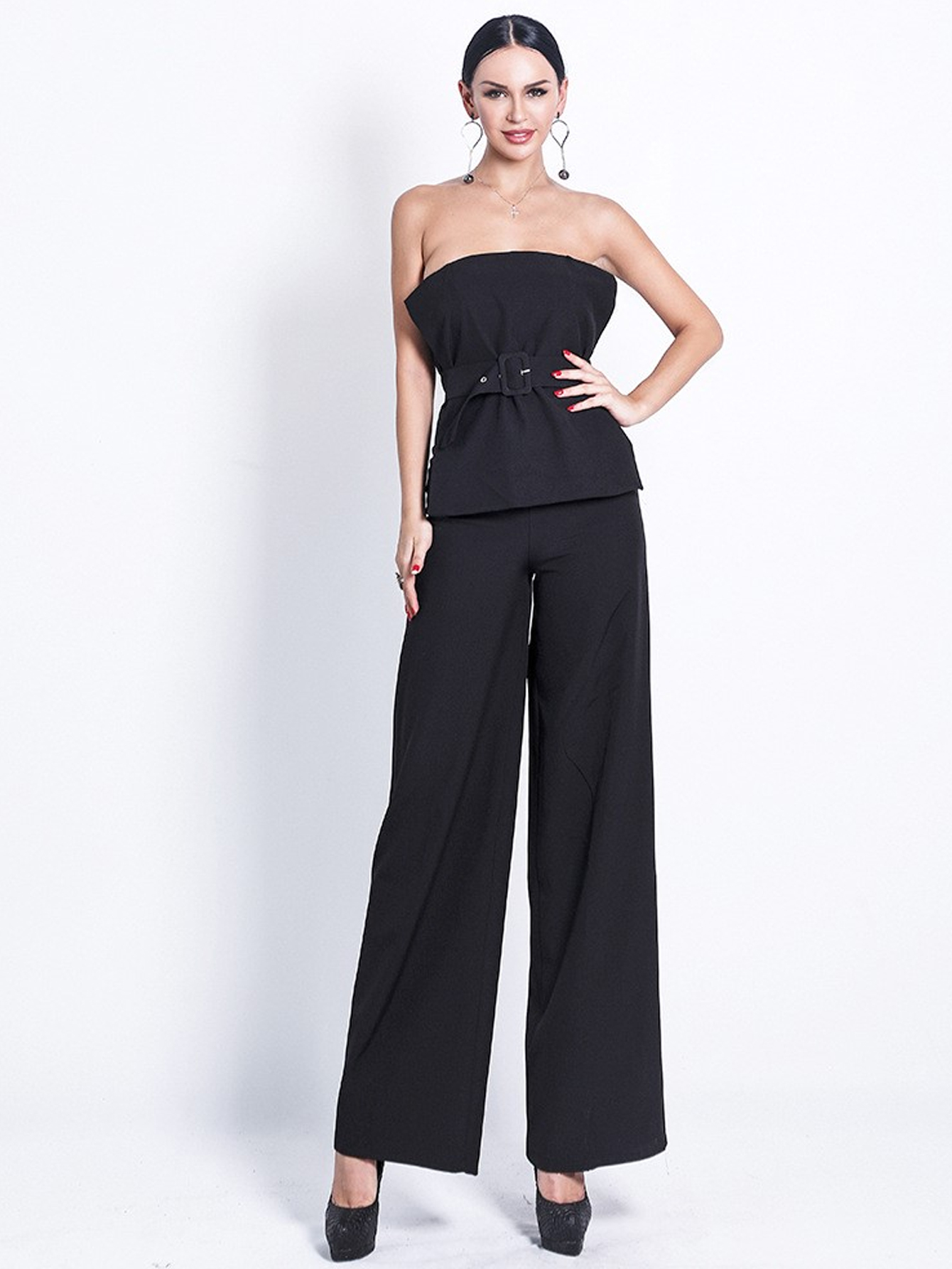 strapless jumpsuit with pleated neckline in Black