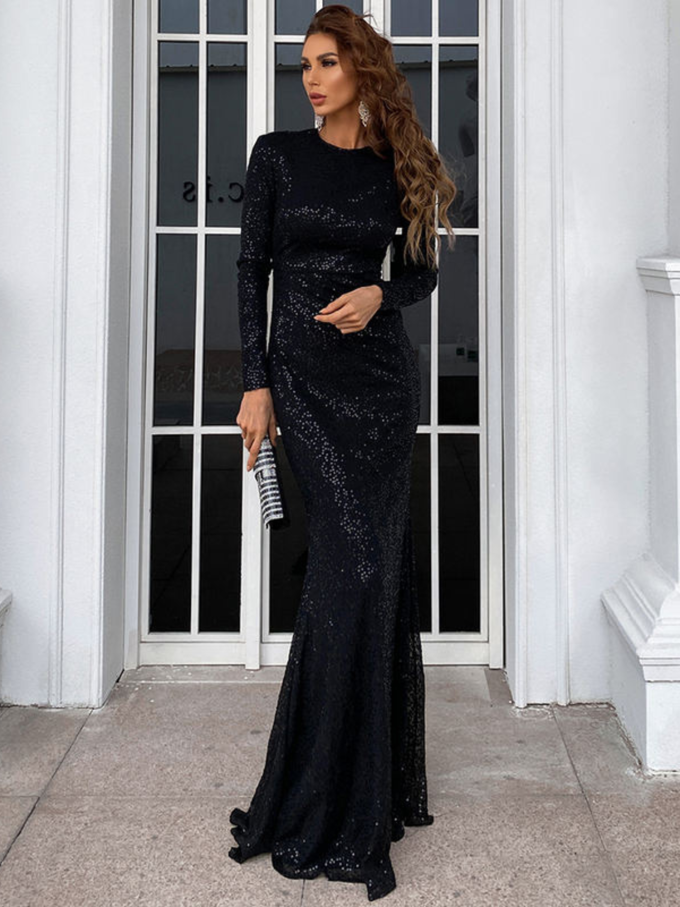 Modest Long Sleeve Black Prom Dresses Fish Tail Sequins Maxi Evening Dresses